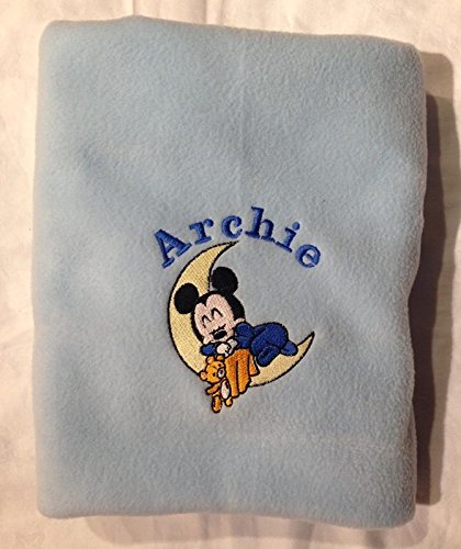 Personalised baby super soft fleece blanket with Mickey Mouse Mouse and name and date baby gift keepsake baby shower (blue)