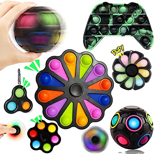 Sensory Fidget Toy Set, Fidget Spinners Toy Simple Dimple Pack Cheap with Push Bubble Pop Fidget Toy Black Flower Magic Puzzle Ball Fidget Box Anxiety Relief Cool Things Gift for Kids Adults