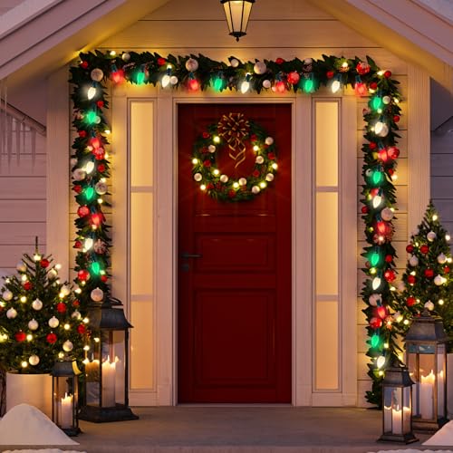 Image of GOOTHY C7 Christmas String Lights, 25Ft Outdoor Decorations with 27 LED Red White and Green Shatterproof Bulbs, Hanging Patio Lights for Tree Backyard Holiday Party Decor