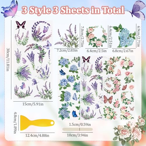 WANDIC 3 Sheets Rub On Transfer Sticker, Butterfly Floral Stickers for DIY Scrapbooking Photo Albums furniture,5.9 * 11.8in - Image 2