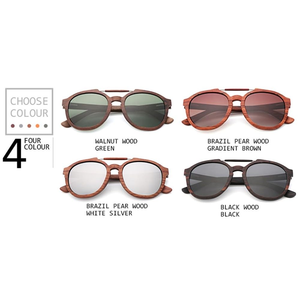 Occhiali da sole classici in legno con montatura ellittica, alla moda, protezione UV400 per uomo e donna, colore nero, con custodia rotonda in bambù.
