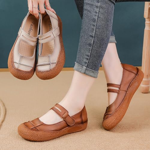 Women's Vintage Mary Jane Flat Shoes,Classic Comfort Handmade Closed Toe Non-Slip Soft Sole Casual Dress Leather Shoes4