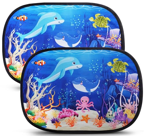 Adorfine Car Window Shades for Baby with UV Protection 2 Piece Car Sun Shade for Children Suction Cup Sun Visor for Car with Animals (Ocean World)