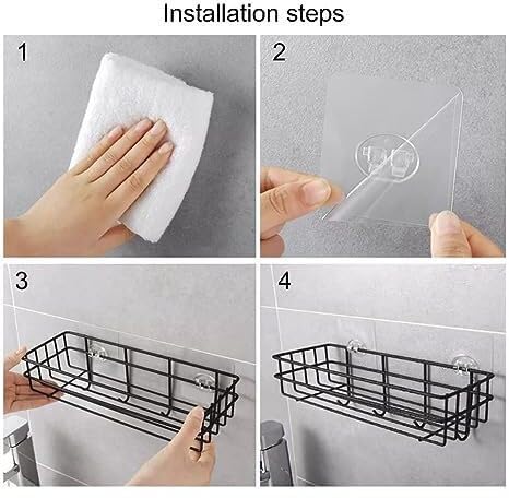 Image of Self Adhesive Bathroom Shelf with Hooks, Stainless Steel Wall Mounted Organizer Rack, Towel Holder, Bathroom Storage Shelf, Rustproof (Black, Pack of 2)