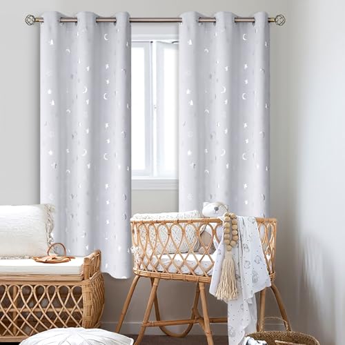 Image of BGment Nursery Curtains for Kids Room, Star and Moon Room Darkening Curtains for Girls Boys Bedroom, BlackoutThermal Insulated Decoration Window Grommet Curtains, 2 Panels, 42 x 72 Inch, Greyish White