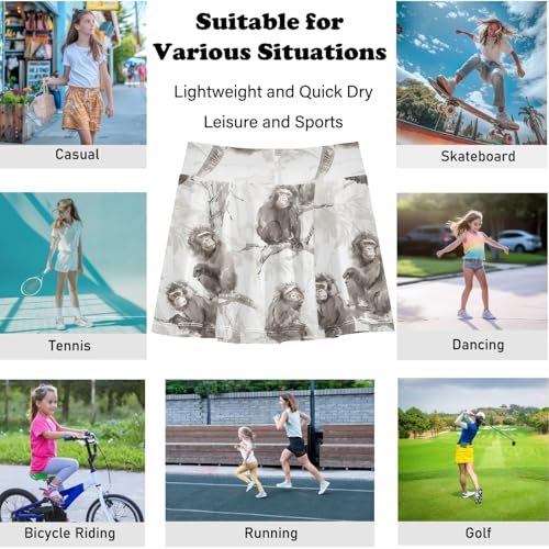 visesunny Girl's Golf Skirt Athletic Watercolor Tree Macaque Tennis Skort Sport Activewear with Double Layer Pockets4