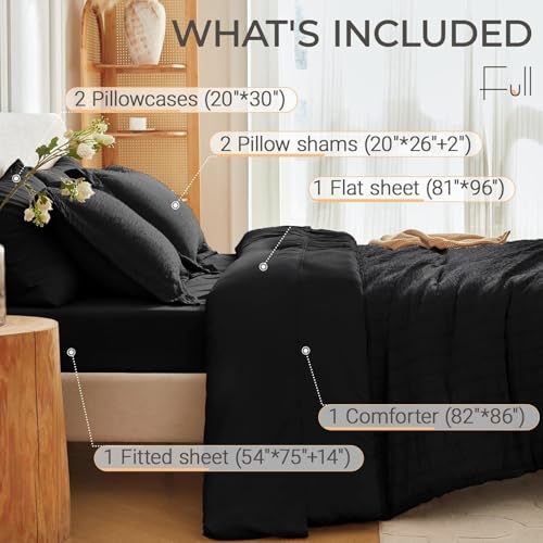 Image of MUXHOMO 7 Pieces Full Comforter Set, Seersucker Bed in a Bag Full Size, All Season Luxury Bedding Set with Comforter, Flat Sheet, Fitted Sheet, Pillowcases & Shams, Black