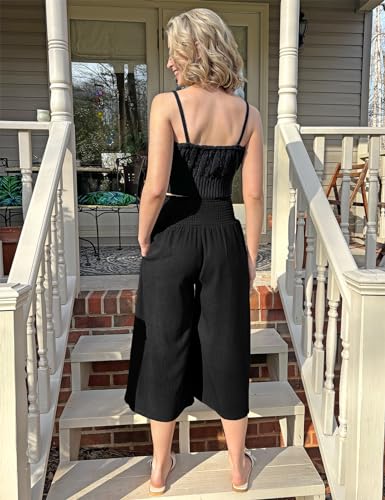 TARSE Womens Linen Palazzo Capri Pants Boho Summer Smocked High Waist Wide Leg Casual Loose Trousers with Pockets Flowy Pants4