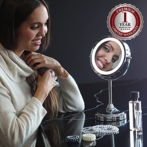 Image of OVENTE 7'' Lighted Tabletop Makeup Mirror, 1X & 7X Magnifier, Spinning Double Sided Round LED, Great for Vanity, Bath, & Bedroom, Battery Powered, Polished Chrome MCT70CH1X7X (Pack of 2)