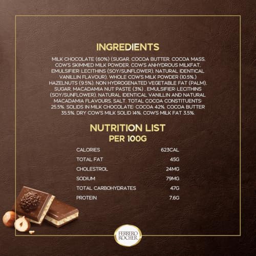 Image of FERRERO ROCHER MACADAMIA & HAZELNUT MILK CHOCOLATE BAR 90G