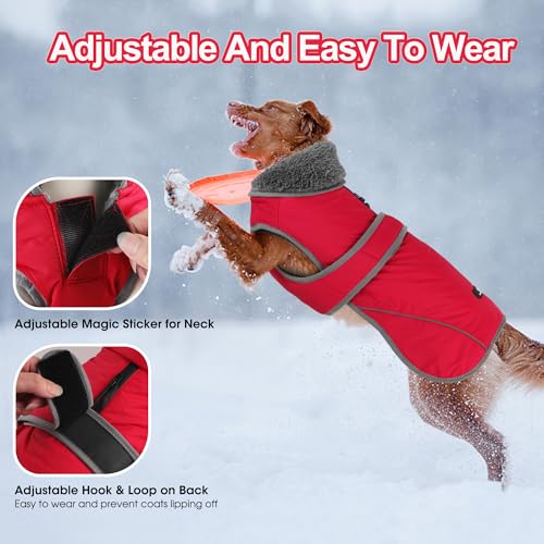 Image of Dogcheer Dog Coat, Waterproof Dog Jacket Reflective Pet Winter Coat with Adjustable Hook & Loop, Christmas Puppy Fleece Jacket Warm Turtleneck Snowsuit for Small Medium Large Dogs - Red, 3XL