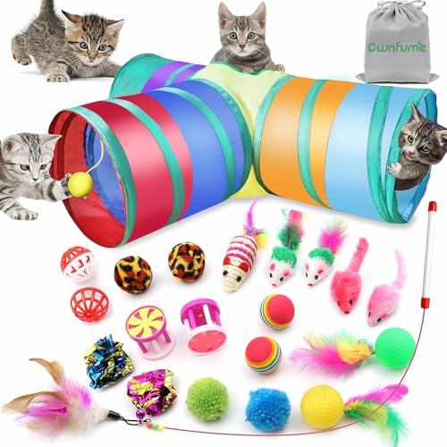 Ownfume 22 Pcs Interactive Cat Toy Cat Toys Tunnel for Indoor Cats Kitten Toys including Three Way Cat Tunnel Tube Fluffy Mouses Teaser Wand Cat Essentials for Indoor Kittens