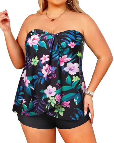 Image of Plus Size Bandeau Tankini 2 Piece Halter Swimsuit with Shorts | Flyaway,Quick Dry,Strapless,Removable Cups,High Waisted Short