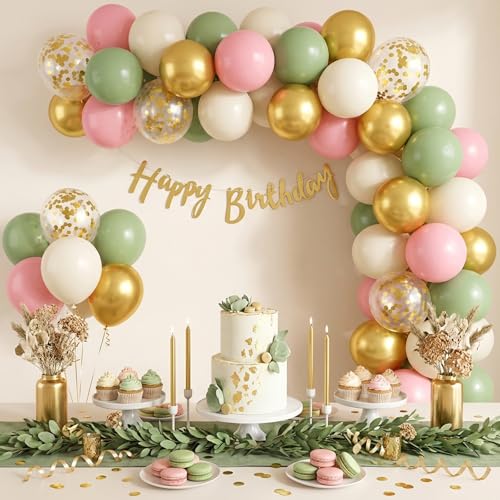 Image of RUBFAC Pink and Sage Green Balloons, Party Easter Balloons Metallic Gold Confetti Balloon for Fairy First Birthday Tea Party Decorations