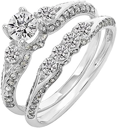 1.45 carat CTW 14K gold round diamond 3-stone bridal engagement ring set with matching band 1 1/2 ct (USA ring size 7)