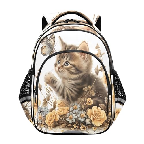 17 Inch Backpack for Kids, Cute Cat Flower Butterfly Ergonomic Backpack for Kids