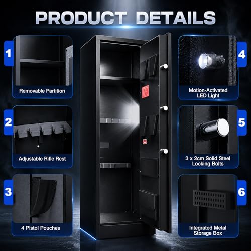 Image of Marcree 8-10 Gun Safe for Rifles & Pistols, Quick Access Rifle Safe with Dual Alarm, Mute Mode, Adjustable Shelves & Pistol Pockets, Gun Cabinet for Shotguns