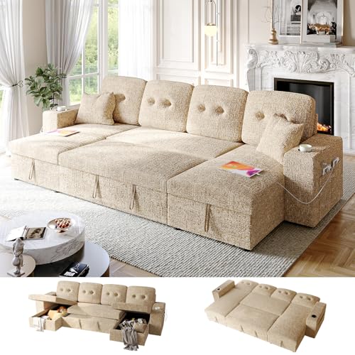 Image of Modular Sectional Sleeper Sofa Bed, 117 inch U-Shaped Sofa with Dual Storage Chaise | Reclining Backrest | Wide Armrest, Couches for Living Room, 4 in 1 Pull Out Couch Bed, Khaki
