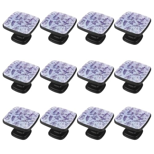 IROLSKDNFH 12 Pieces Purple Floral Herbs and Spices Glass Knobs for Dresser Drawers, 1.37 x 1.10 in Square Kitchen Cabinet Pulls for Home Office Nursery Kids Room