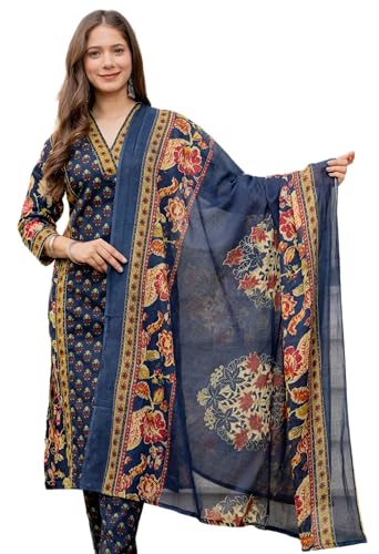 Image of MEERA FAB Women's Cotton Blend Straight Printed Kurta with Palazzo & Dupatta