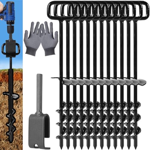 16In Tent Stakes with 12PCS Heavy Duty Adapter, Screw Ground Anchors, Tree Straightening Kit, Mobile Home Anchors (Black)