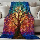 GLOBLELAND Lebensbaum Kuscheldecke 150x130CM Buntglas Sanft Flanell Weiche Wohndecke Decke Für Zuhause Büro Zimmer Bett Sofa Stuhl Geschenk