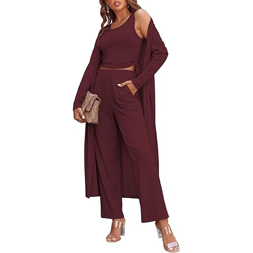 GTSAMTON Ladies 3 Piece Long Sleeve Soft Set Hide Belly Fat Formal Sweatsuit Open Front Casual Cardigan