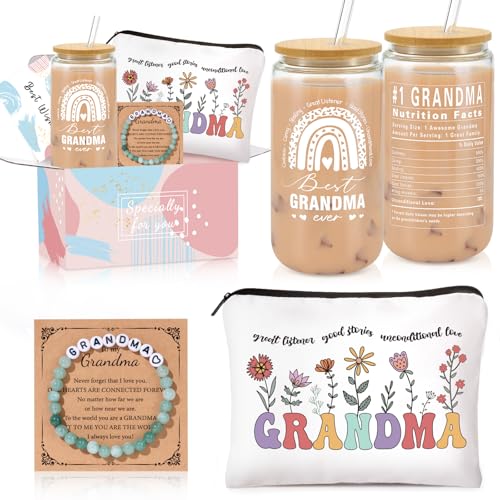 Gifts for Grandma, Unique Birthday Gifts for Grandma, Christmas Thanksgiving Ideas Present for Grandmother Basket, Thank You Basket with 16 Oz Glass Cup, Makeup Bag
