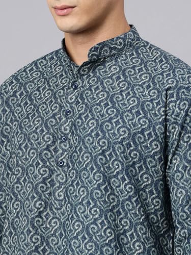 Image of Majestic Man Men's Regular Fit Ethnic Motifs Printed Pure Cotton Long Kurta with Mandarin Collar & Full Sleeves
