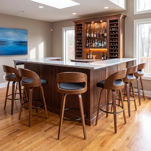 Image of AQG Swivel Bar stools Set of 6 Bar Chairs 30 inch Counter Height Mid-Century Modern Bentwood Barstool PU Leather Upholstered Bar Chair with Back and Footrest, for Bar, Cafe, Dining, Kitchen Island, Black