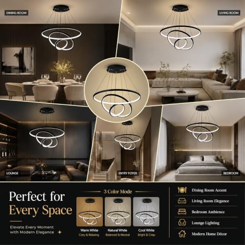 Image of Smartway - Three Ring 106 Watt Modern LED Ceiling Chandelier | Google & Alexa Voice Assist | App Control | 3 Color Modes | Black Luxury Chandelier for Living Room, Bedroom, Dining & Hall