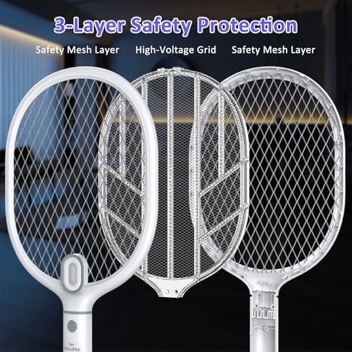 PALONE Elektrische Fliegenklatsche Extra Stark 4000V mit 2 Type-C, 1800mAh Wiederaufladbar Fliegenklatsche Elektrisch, Nacht LED Abnehmbar UV Insektenvernichter Elektro Mückenklatsche