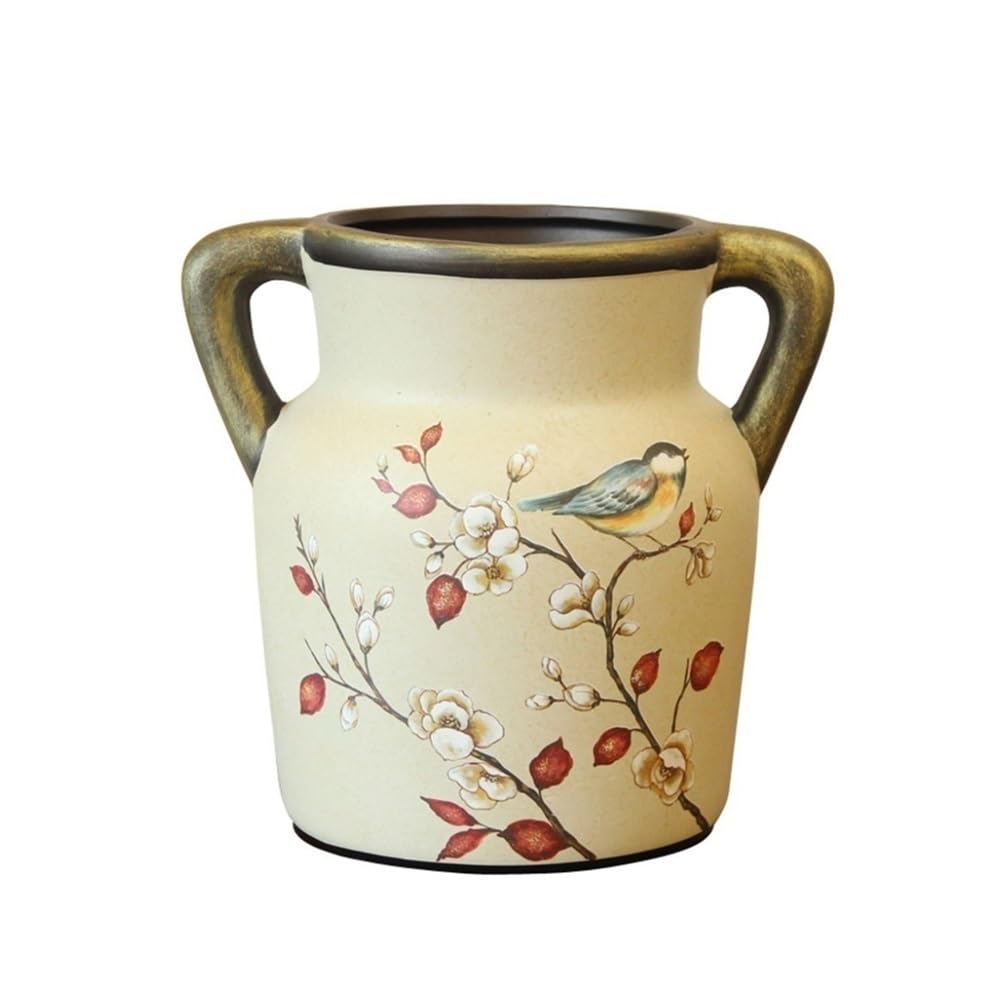 Wazon na kwiaty, Wazon ceramiczny z podwójnymi uszami, dekoracja w stylu vintage motywem kwiatowym
