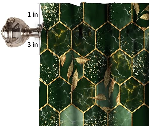 Image of Hunter Green Marble Window Valance Curtain, Abstract Dark Green Marble Hexagon Texture Golden Leaves Window Valances Treatments for Kitchen Living Room Cafe Decor 54'x18', 1 Panel