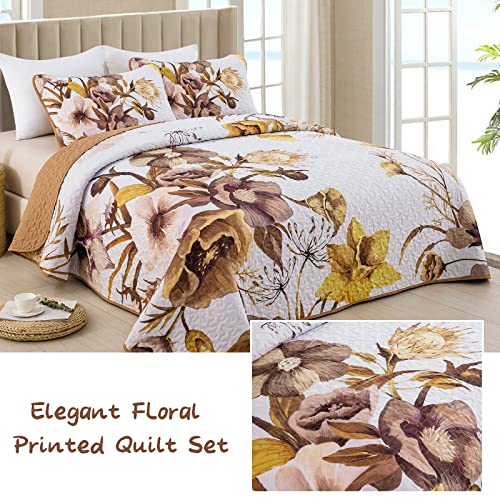 Floral Quilt Set King 3 Pieces Boho Yellow Floral Quilt Coverlet Set Soft Microfiber Lightweight Yellow Quilted Bedspread For All Season 104"X90" #TOP1