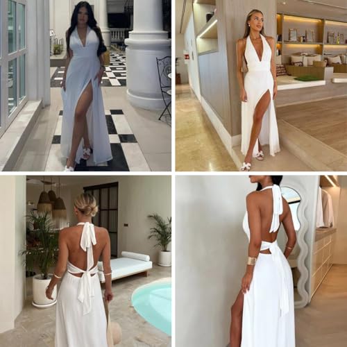 Image of ANKOMINA Women's Sexy V Neck Halter Backless Maxi Dress Ruched High Split Long Bodycon Dresses for Party Cocktail Evening