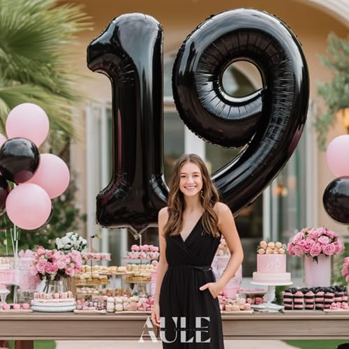 Image of AULE 40 Inch Large 19 Number Balloons Black, Big Foil Number Balloons, Giant Helium Happy 19th Birthday Party Decorations for Boy and Girl, Huge Mylar Anniversary Party Supplies