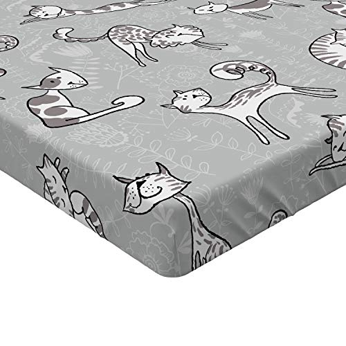 Ambesonne Pale Grey Fitted Sheet, Cats Posing Over Floral Background Feline Kitten Kitty Cartoon Art Prints, Bed Cover with All-Round Elastic Deep Pocket for Comfort, Twin XL Size, Pale Grey