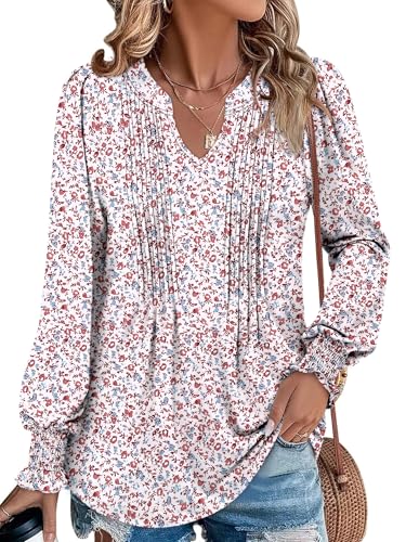 BETTE BOUTIK Long Sleeve Shirts for Women Fall Tops Dressy Blouses Pleated V Neck Tunic Tops for Leggings S-3XL