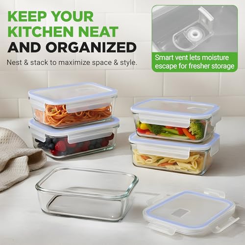 Image of NutriChef 10-Piece Glass Food Containers - Stackable Superior Glass Meal-prep Storage Containers, Newly Innovated Leakproof Locking Lids w /Air Hole, Freezer-to-Oven-Safe (Blue)