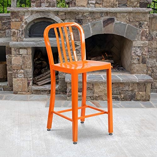 Flash Furniture Commercial Grade 2 Pack 24" High Orange Metal Indoor-Outdoor Counter Height Stool with Vertical Slat Back