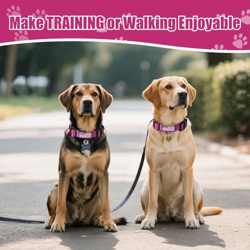 Image of Martingale Dog Collar Reflective with USA Flag Patch, M,Hot Pink | Escape Proof without choking,Adjustable Limited Slip Collar with Quick Release Buckle, Nylon Walking Collar for S M L Dogs