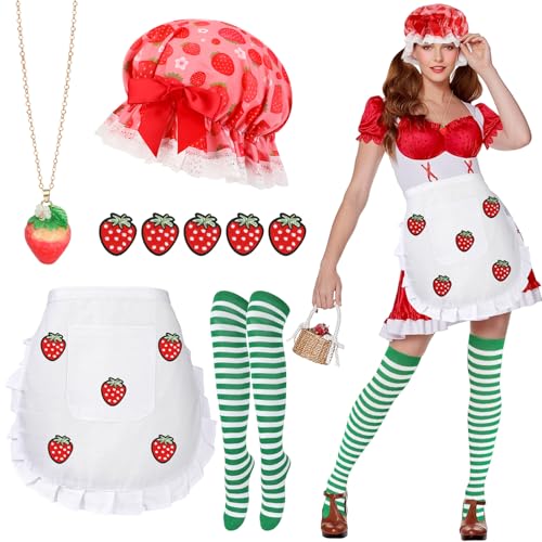 5 PCS Halloween Erdbeer Kostüm Damen, Erdbeer Hut Halskette Schürze Weiß Aufkleber Kniestrümpfe Gestreift, Obst Kostüm Damen Erdbeerkostüm für...