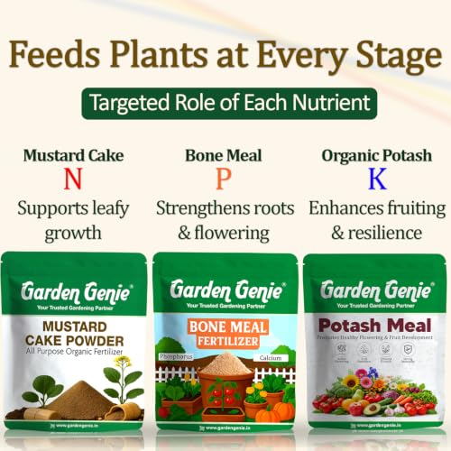 Image of Garden Genie Plant Nutrient Combo (NPK), 2 Kg | Mustard Cake Powder (N) + Bone Meal Powder (P) + Potash Meal (K) Combo | Slow Release NPK Fertilizers for Growth, Root Strength & Bloom Support