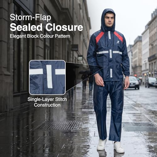 Image of Amazon Brand - Symactive Men Polyester Raincoat | Jacket with Pants | Hooded | Water Resistant | with Storage Bag | Blue | Medium