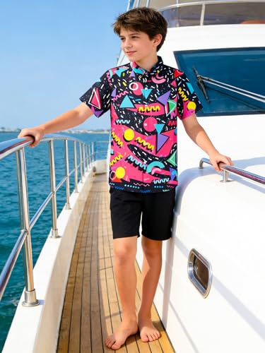 Image of uideazone Boys Hawaiian Shirts Novelty Printed Funky Short Sleeve Button Down Shirt Kids Aloha Luau Shirt 7-14T