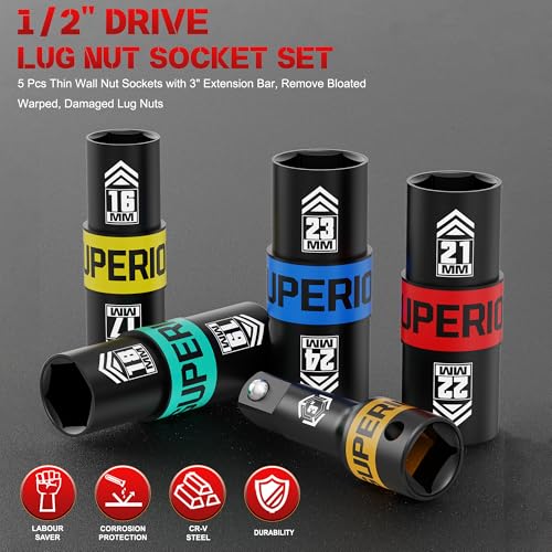 Image of 1 /2 inch Drive Lug Nut Socket Set, 16-24 mm Flip Socket Set, 5 Pcs Thin Wall Nut Sockets with 3 inch Extension Bar, Remove Bloated Warped, Damaged Lug Nuts
