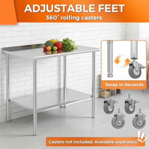 All Stainless Steel Work Table Heavy Duty Prep Table 30x48 Inch with Stainless Steel Undershelf Backsplash Replaceable Feet(Without Caster) Commercial Workstation for Restaurant Kitchen Outdoor - Image 4