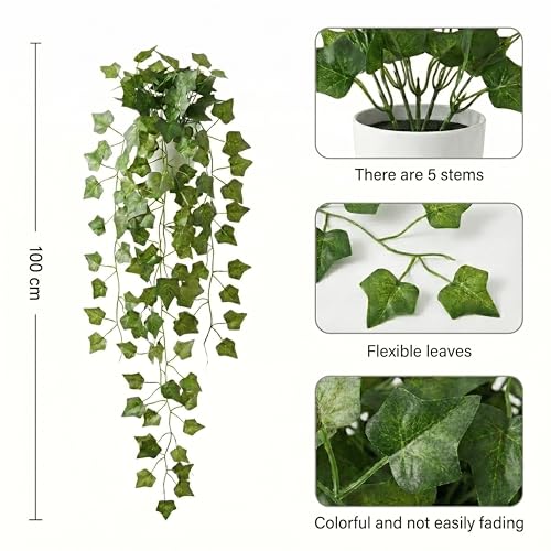 Image of Dekorly Artificial Hanging Garland with Pot - 100cm Rose Vine, 10cm Decorative Pot for Table, Shelf & Wall Decor (2, Star Money Vine)
