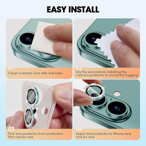 Image of CLITZ for iPhone 16 /16 Plus Camera Lens Protector Bling Individual Metal Diamond Ring 9H Hardness Scratchproof Protector, Stylish Phone Accessories, Case Friendly (Green Diamond)